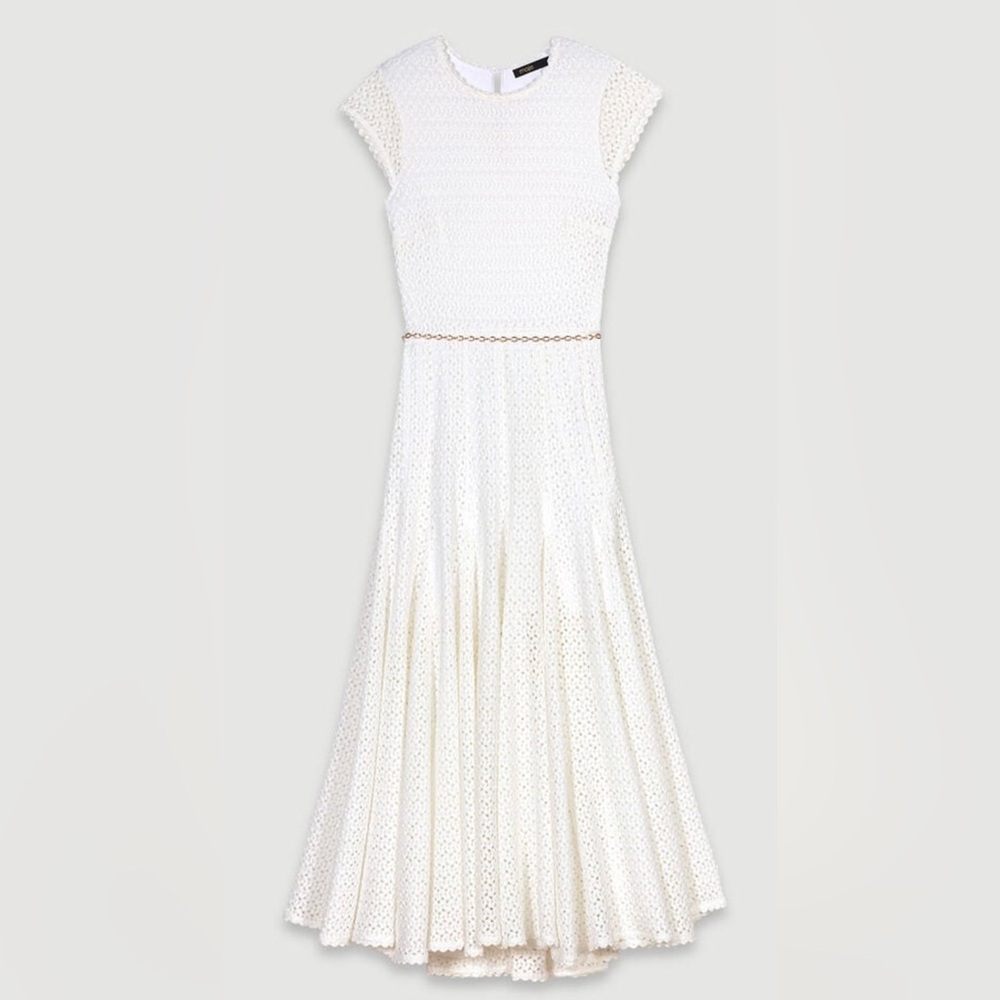 NWT Maje elegant white lace maxi dress with gold chain